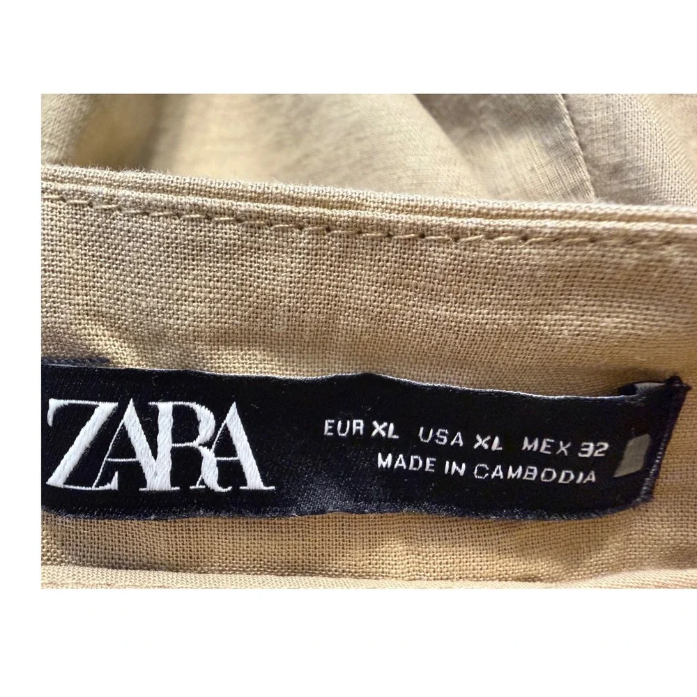 Zara Tan Khaki Linen High Waist‎ Pleated Wide Leg Trousers  XL Resortwear 102-57